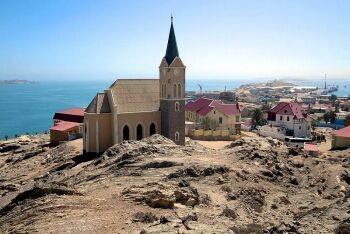 The Felsenkirche (1912) or "church on the rocks" overlooking Lüderitz, Namibia