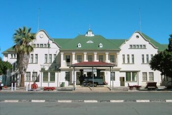 Railway station in Windhoek. The plinthed locomotive is a Zwillinge, number 154A